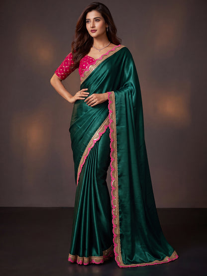 Teal Sequin Thread Work Chinon Festive Party Saree with Blouse