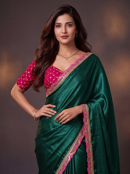 Teal Sequin Thread Work Chinon Festive Party Saree with Blouse