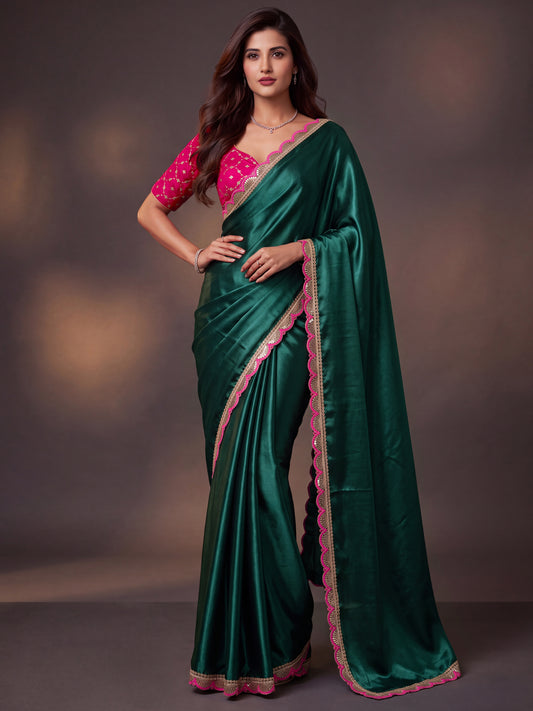 Teal Sequin Thread Work Chinon Festive Party Saree with Blouse