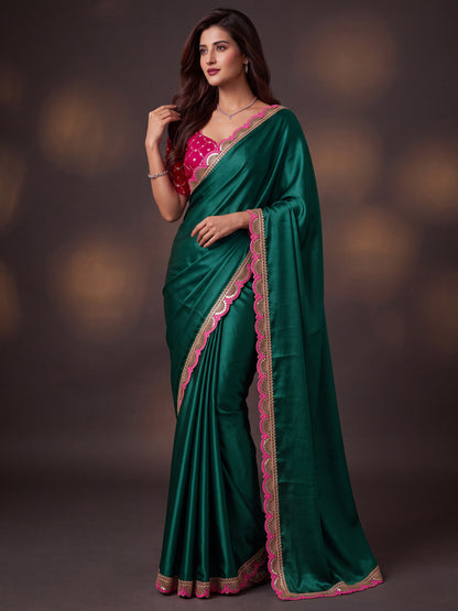 Teal Sequin Thread Work Chinon Festive Party Saree with Blouse