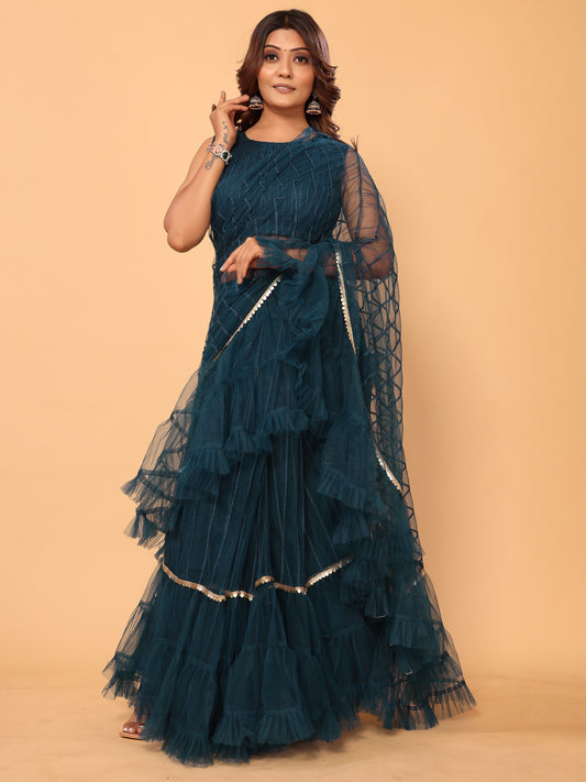Teal Blue Embroidered Net Party Ready to Wear Ruffle Saree