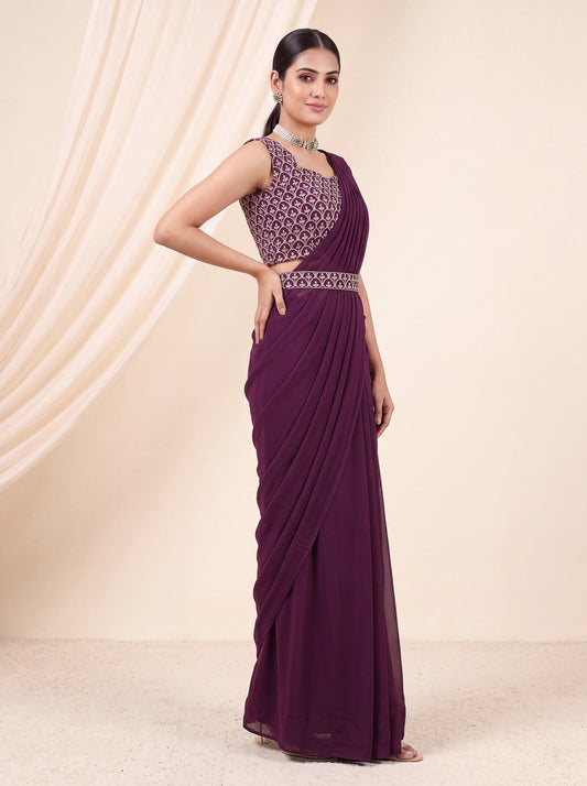 Wine Embroidered Georgette Party Wear Pre-Stitched Saree for Women