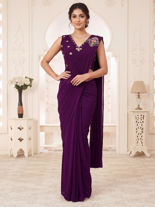 Purple Embroidered Georgette Party Ready to Wear Pre-Stitched Saree
