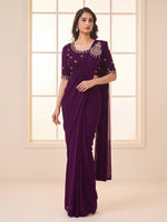 Wine Embroidered Georgette Party Ready to Wear Pre-Stitched Saree