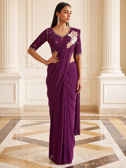 Wine Floral Patch Embroidered Georgette Party Ready to Wear Saree