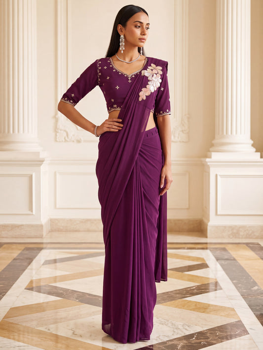 Wine Floral Patch Embroidered Georgette Party Ready to Wear Saree