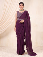 Wine Embroidered Georgette Party Wear Pre-Stitched Saree for Women