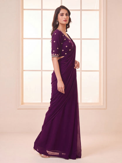 Wine Embroidered Georgette Party Ready to Wear Pre-Stitched Saree