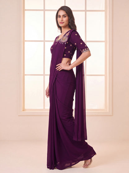Wine Embroidered Georgette Party Ready to Wear Pre-Stitched Saree