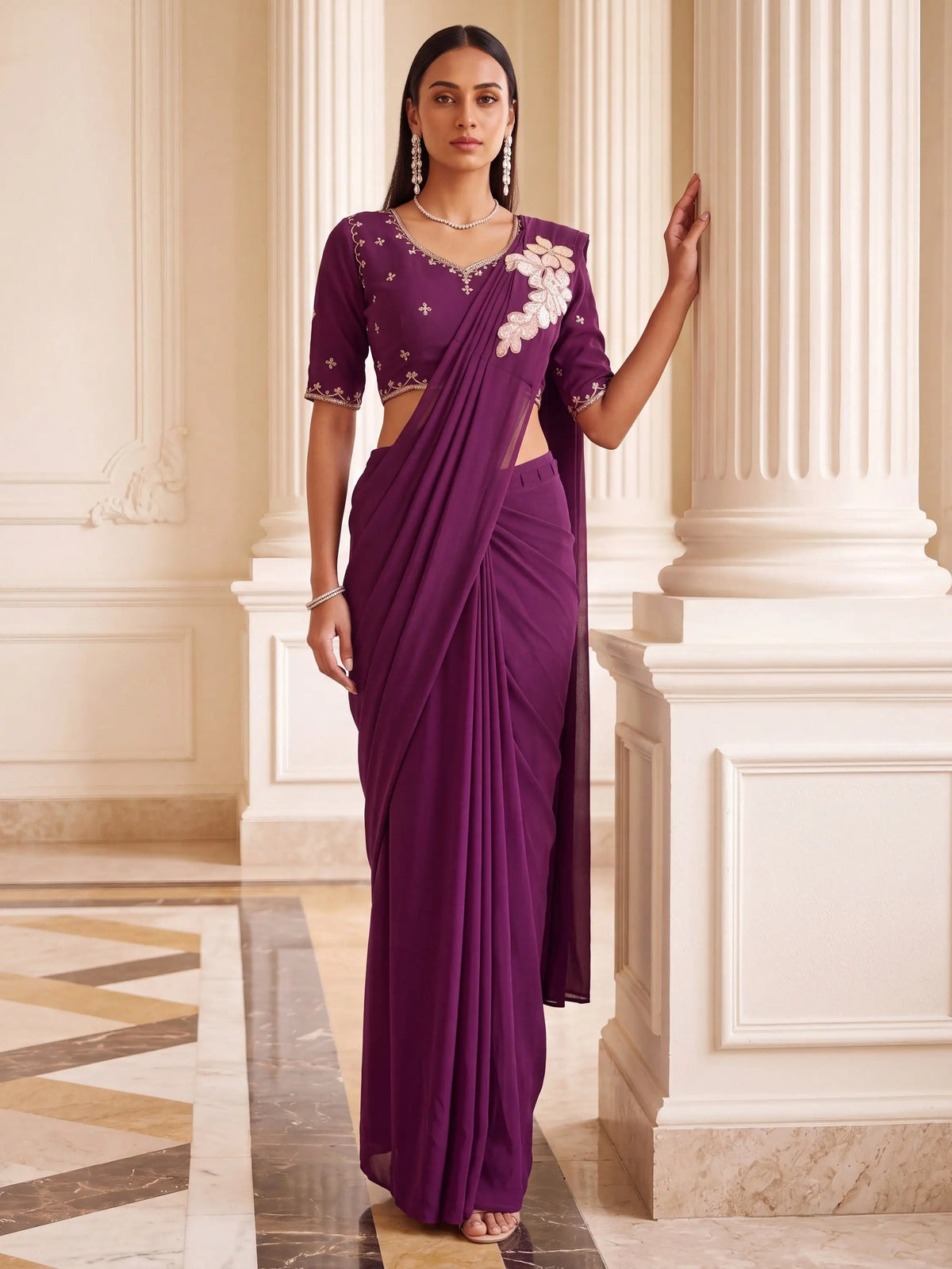 Wine Floral Patch Embroidered Georgette Party Ready to Wear Saree