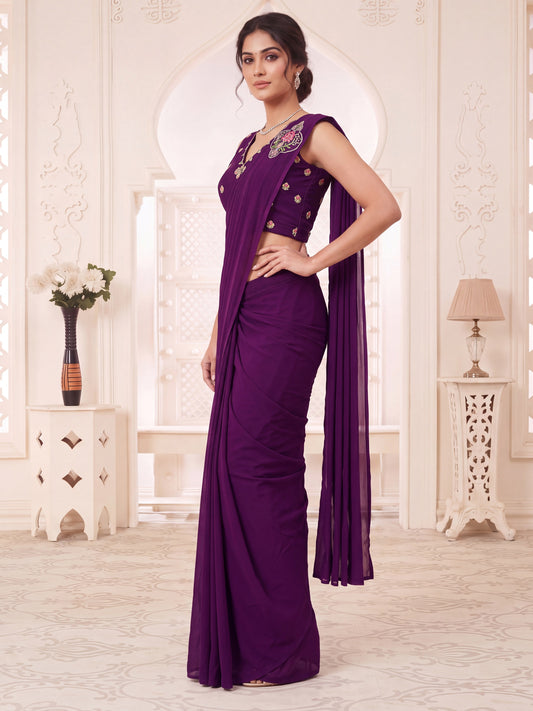 Purple Embroidered Georgette Party Ready to Wear Pre-Stitched Saree