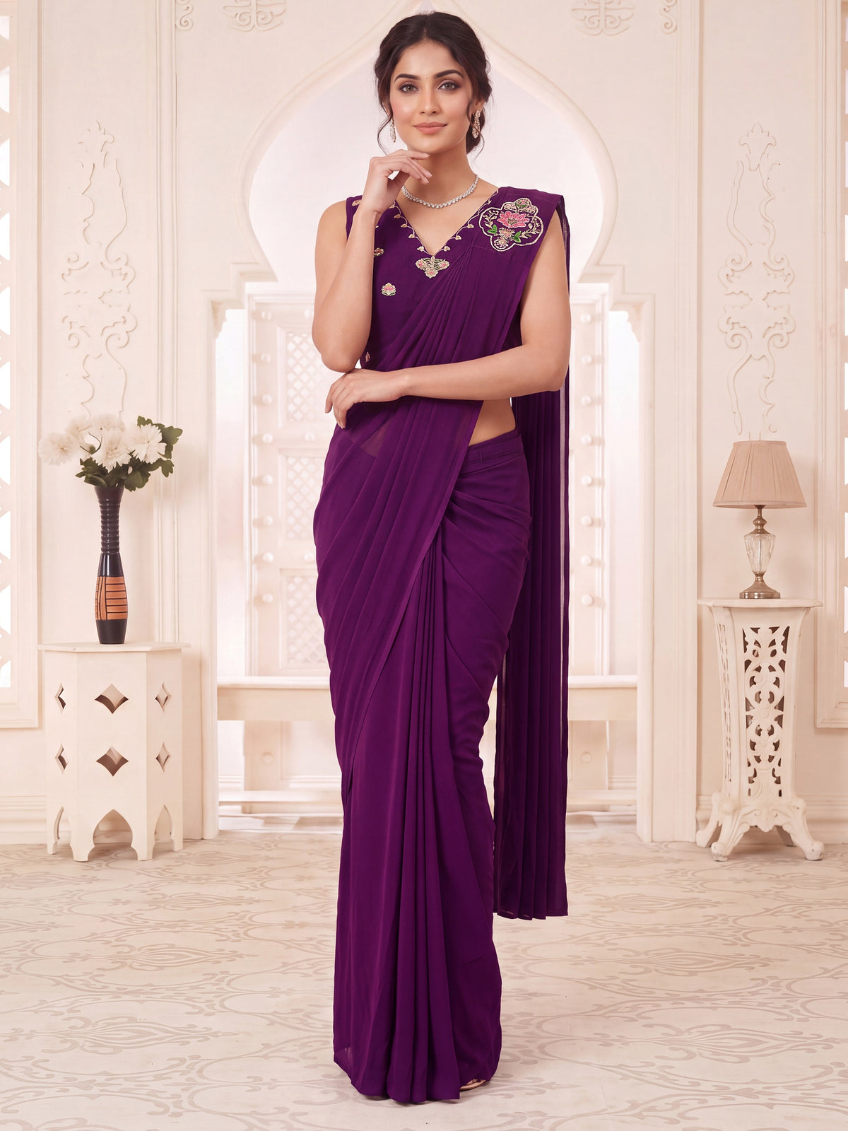 Purple Embroidered Georgette Party Ready to Wear Pre-Stitched Saree