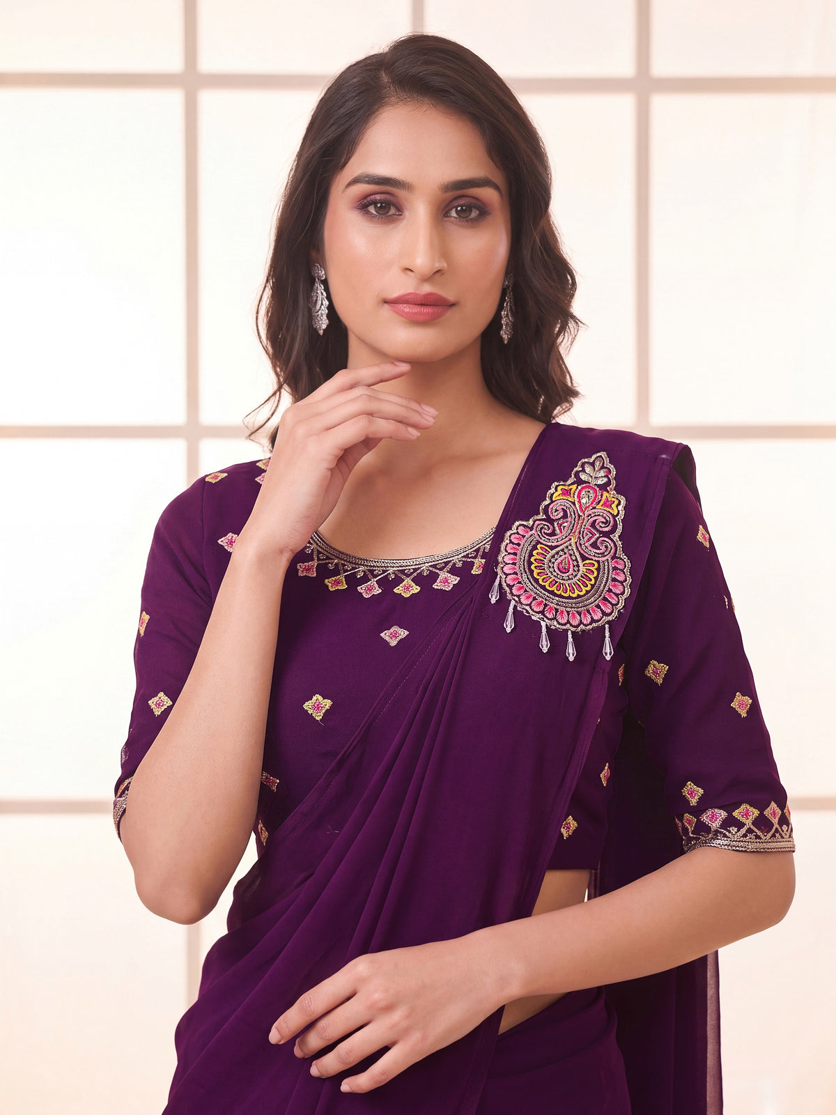 Wine Embroidered Georgette Party Ready to Wear Pre-Stitched Saree