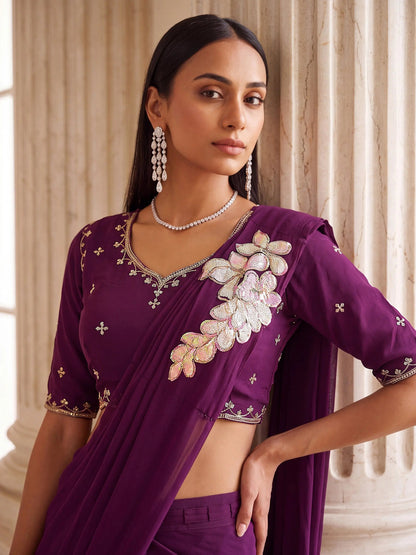 Wine Floral Patch Embroidered Georgette Party Ready to Wear Saree