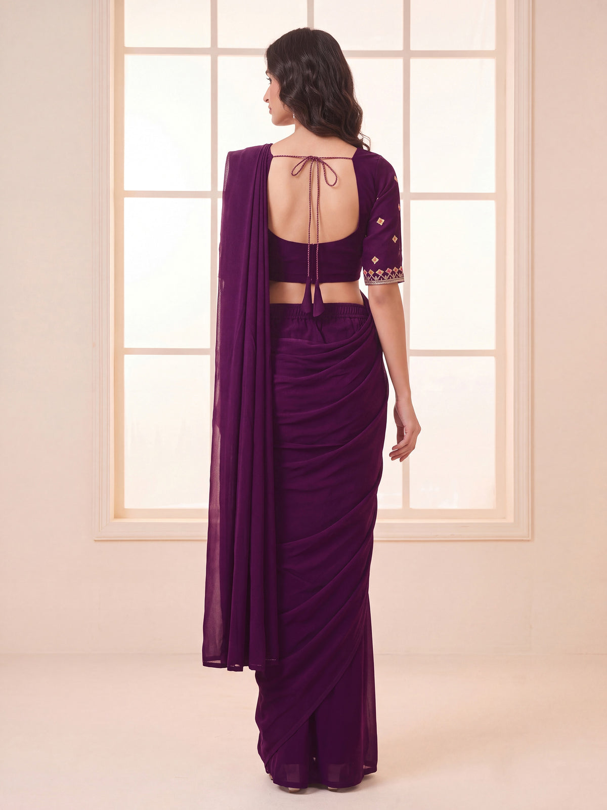 Wine Embroidered Georgette Party Ready to Wear Pre-Stitched Saree