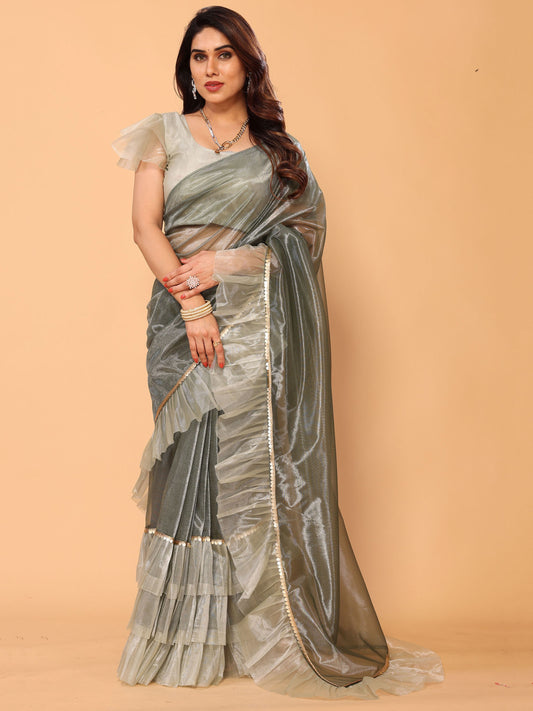Olive Green Ruffle Sequins Jimmy Choo Party Wear Designer Saree