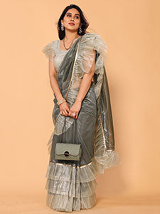 Olive Green Ruffle Sequins Jimmy Choo Party Wear Designer Saree