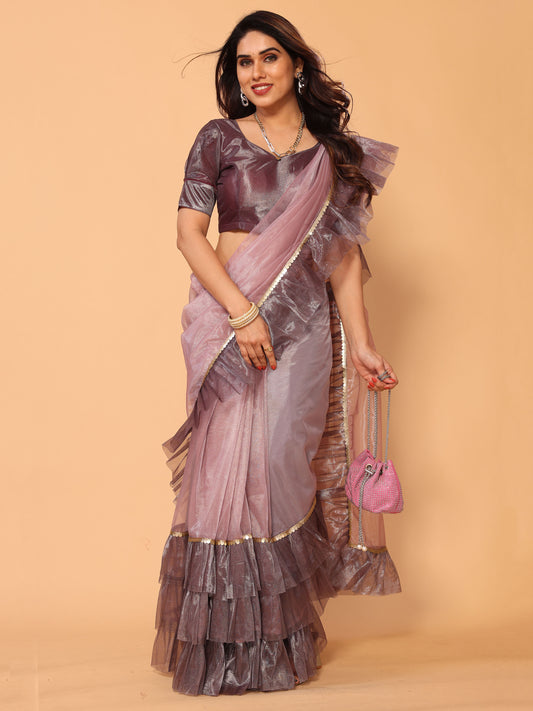 Mauve Ruffle Sequins Jimmy Choo Festive Party Wear Designer Saree