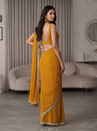 Mustard Yellow Mirror Work Georgette Festive Party Wear Saree
