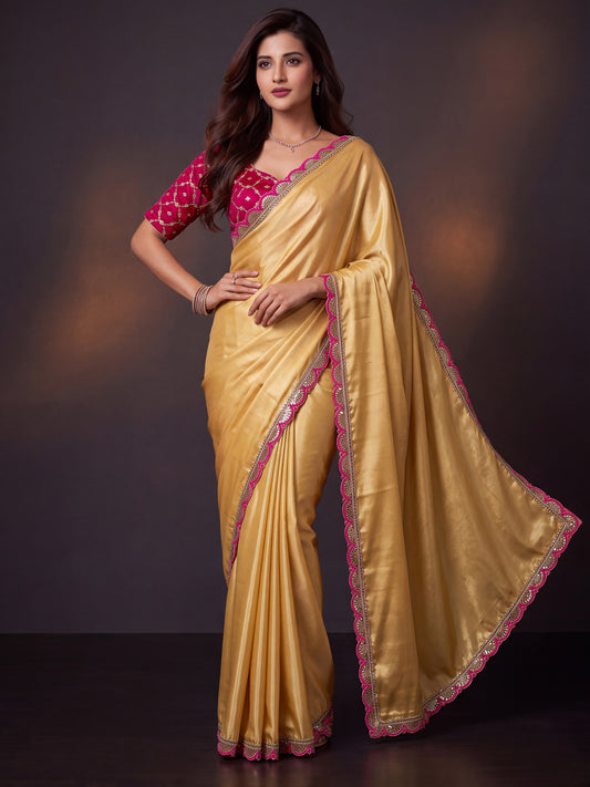 Yellow Sequin Thread Work Chinon Festive Party Saree with Blouse