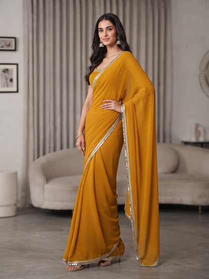 Mustard Yellow Mirror Work Georgette Festive Party Wear Saree