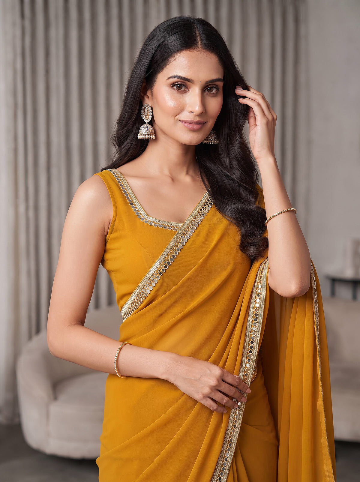 Mustard Yellow Mirror Work Georgette Festive Party Wear Saree