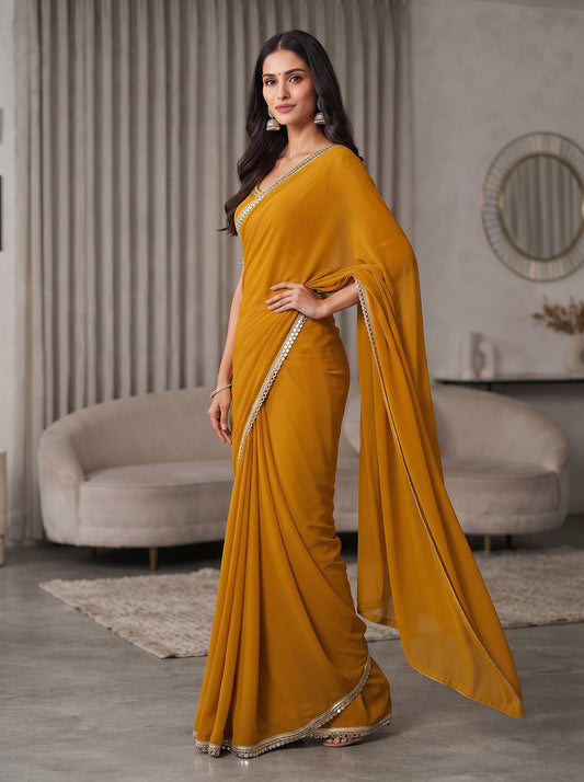Mustard Yellow Mirror Work Georgette Festive Party Wear Saree