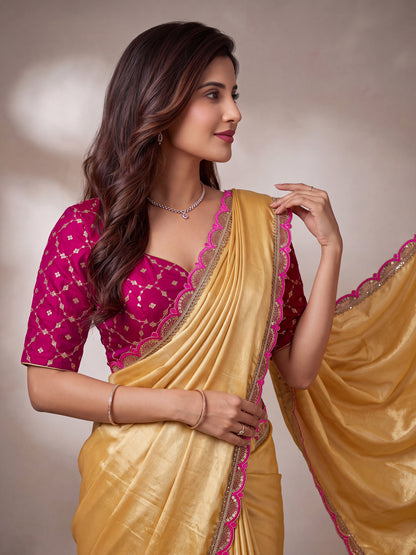 Yellow Sequin Thread Work Chinon Festive Party Saree with Blouse