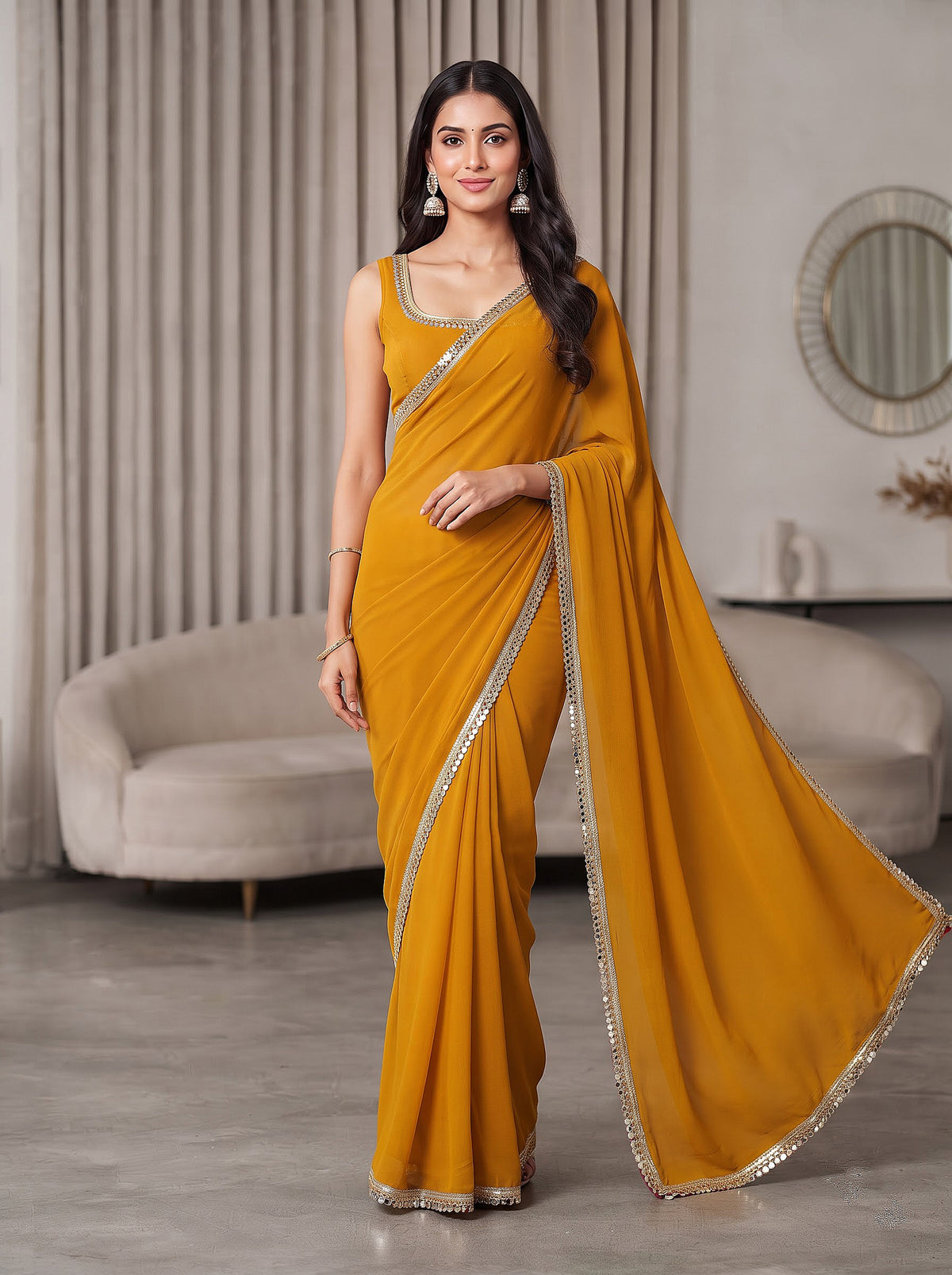 Mustard Yellow Mirror Work Georgette Festive Party Wear Saree