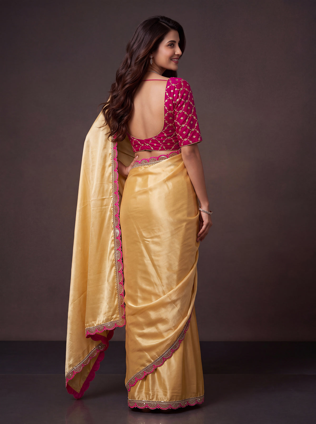 Yellow Sequin Thread Work Chinon Festive Party Saree with Blouse