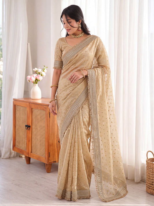 Chikoo Golden Jacquard Butti Moss Satin Festive Traditional Saree