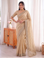 Chikoo Golden Jacquard Butti Moss Satin Festive Traditional Saree