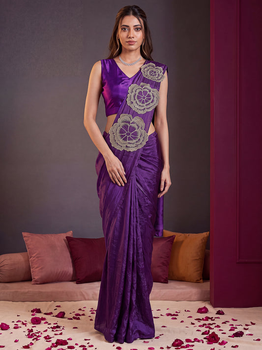 Purple 3D Floral Applique Fendy Silk Party Ready to Wear Saree