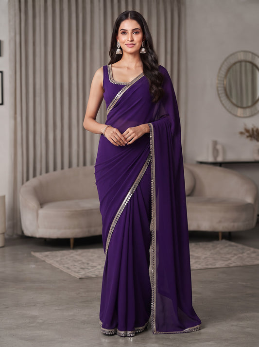 Purple Mirror Work Georgette Wedding Festive Party Wear Saree
