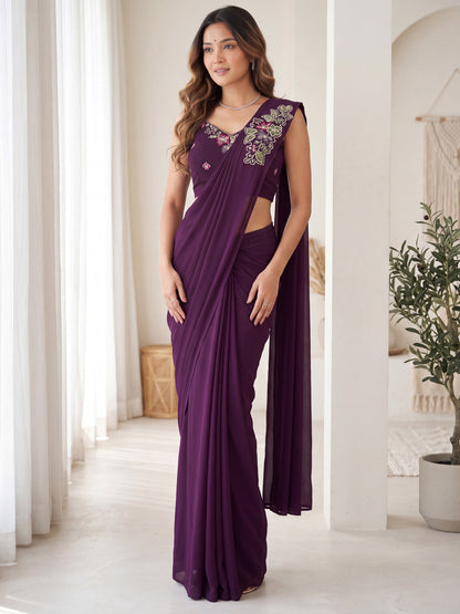Wine Floral Embroidered Georgette Wedding Ready to Wear Saree