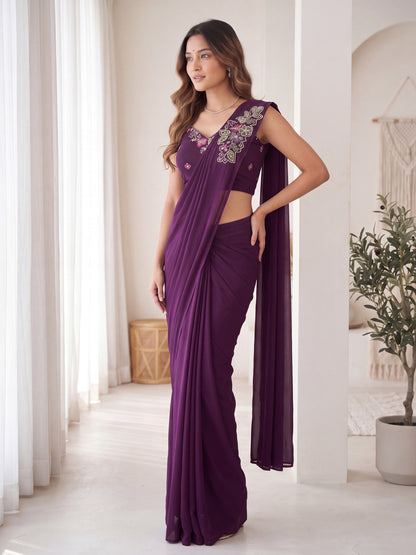 Wine Floral Embroidered Georgette Wedding Ready to Wear Saree