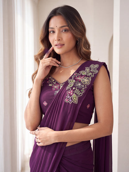 Wine Floral Embroidered Georgette Wedding Ready to Wear Saree