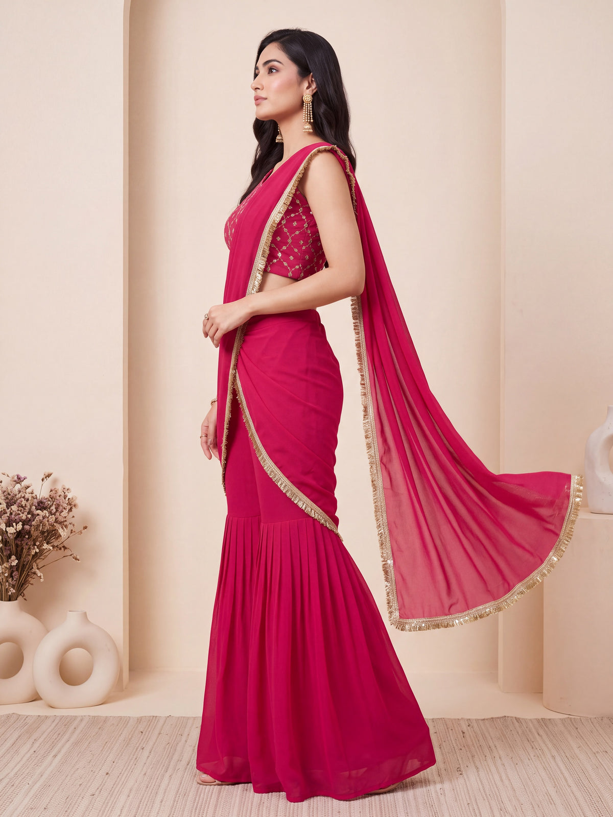 Rani Pink Sequin Georgette Party Ready to Wear Sharara Saree