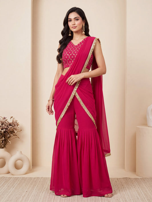 Rani Pink Sequin Georgette Party Ready to Wear Sharara Saree
