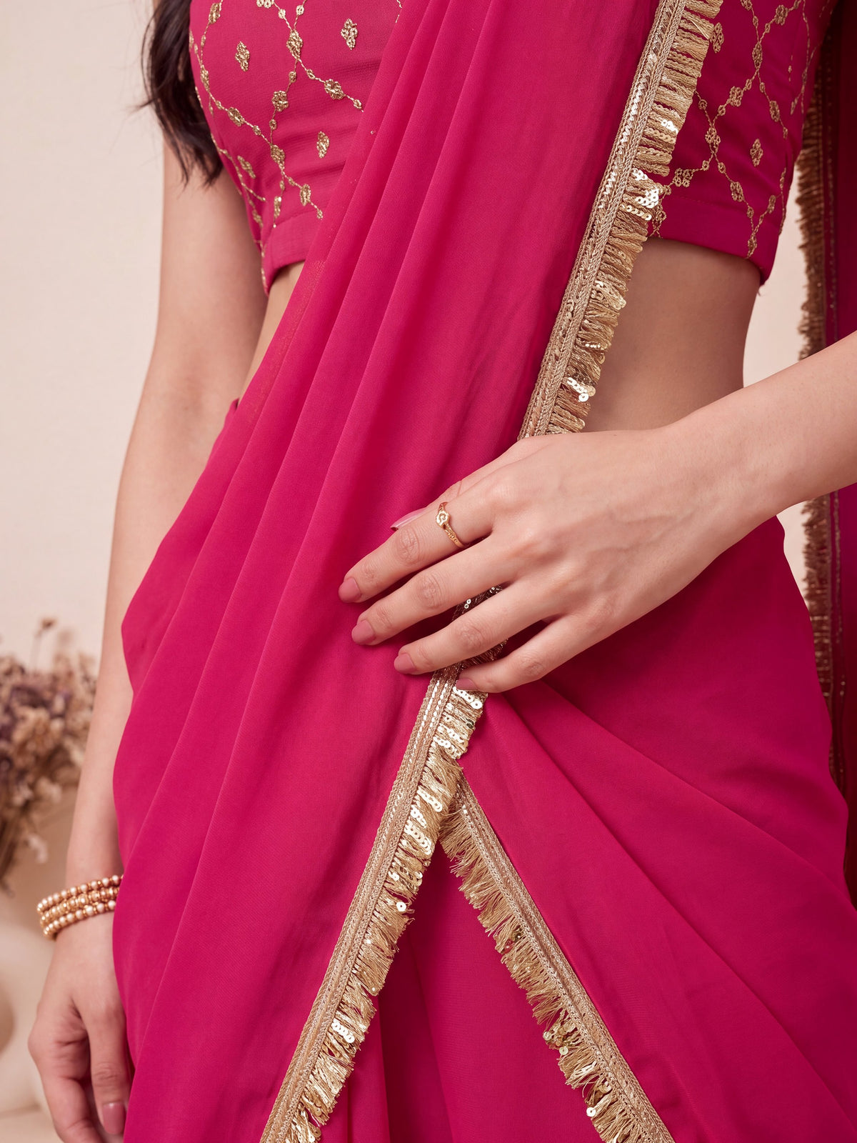 Rani Pink Sequin Georgette Party Ready to Wear Sharara Saree